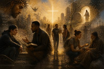 modern Christians sharing Christ's victory over sin and death and eternal joy and happiness in knowing Christ