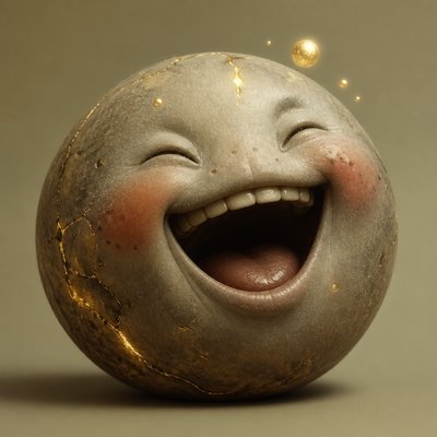 an exaggerated laughing face of an original round mascot character, bold and readable at small size, plain background, no text
