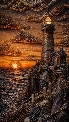 a lone lighthouse on a cliff at dusk under a dramatic sky, no text or lettering