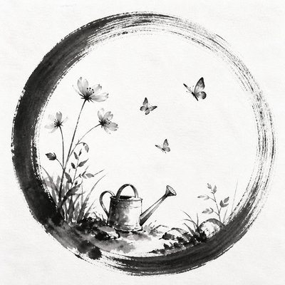 a garden scene with butterflies, flowers and a watering can, clean uncolored line art, no text