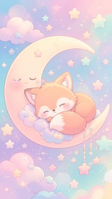 a sleeping baby fox curled on a crescent moon among soft stars, gentle and warm, no text