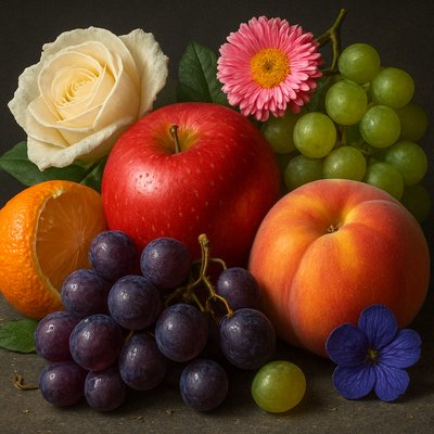 still life arrangement of fruits and flowers