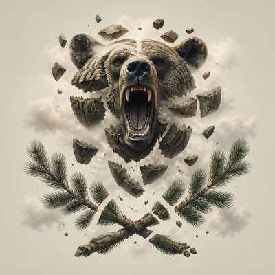 a roaring bear head above crossed pine branches, bold graphic composition on a plain background, no text
