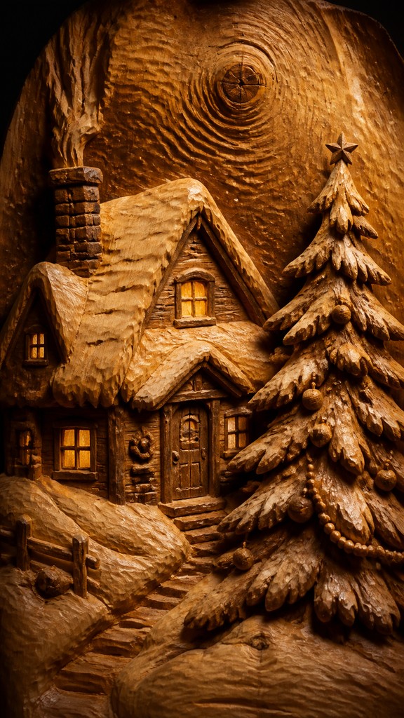 a snow-covered cottage with warm glowing windows beside a decorated pine tree, gentle snowfall, no text