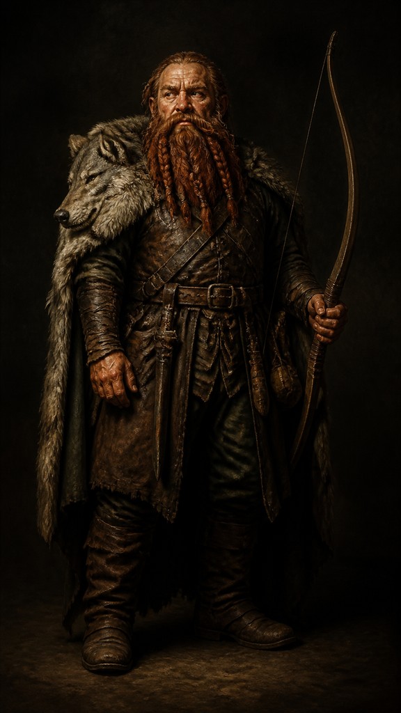 full-body original character: a dwarven ranger with a braided auburn beard, worn leather armor, a longbow and a wolf-pelt cloak, neutral background, no text
