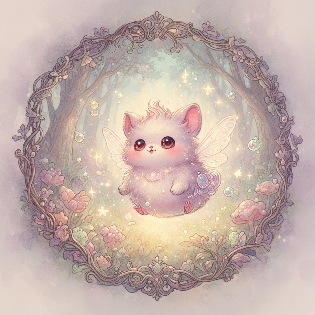 Create an adorable fantasy creature—small, round, and magical—with big expressive eyes, soft glowing fur, tiny wings, and playful energy. Pastel colors, gentle lighting, whimsical forest setting, highly detailed and irresistibly cute
