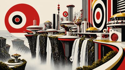 a cliffside city with waterfalls cascading into a misty canyon, wide establishing shot, no people, no text