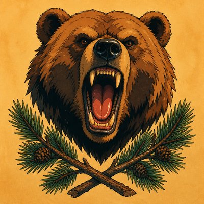 a roaring bear head above crossed pine branches, bold graphic composition on a plain background, no text