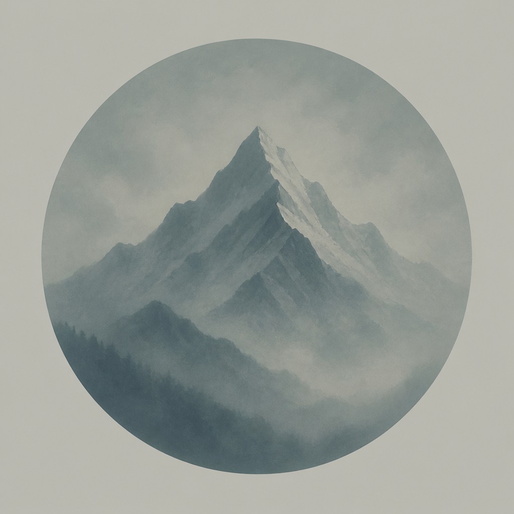 an emblem of a mountain peak inside a circle, simple bold shapes on a plain background, no text or lettering
