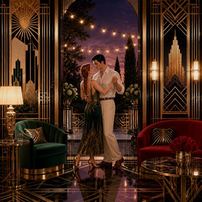 an original couple dancing under string lights in a garden at dusk: a man with short black hair in a linen shirt and a woman with braided red hair in a summer dress
