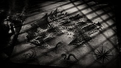 a map of an island realm with mountains, forests, a sheltered bay, sea monsters in the water and a compass rose, no text labels