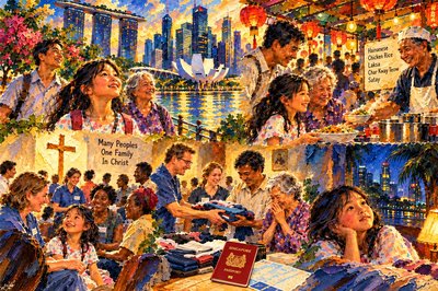 a painting of a group of people sitting at a table