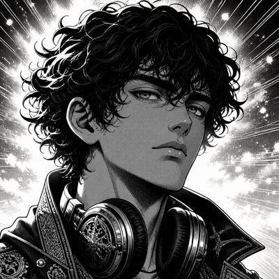 head-and-shoulders portrait of an original character: a young man with curly dark hair and headphones around his neck, plain backdrop, no text