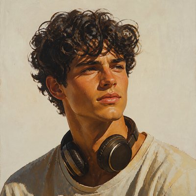 head-and-shoulders portrait of an original character: a young man with curly dark hair and headphones around his neck, plain backdrop, no text