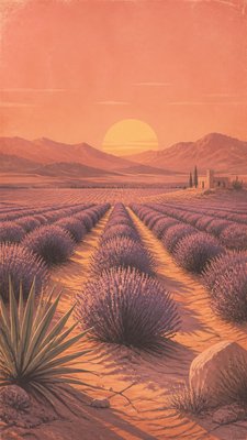 a field of lavender stretching to distant hills at dusk, no people