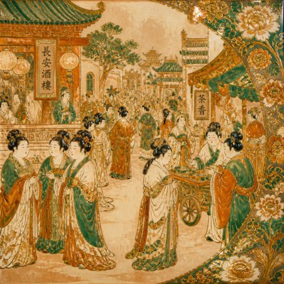urban street with city activity — Tang Dynasty Art Style