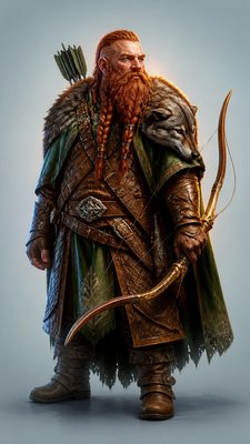 full-body original character: a dwarven ranger with a braided auburn beard, worn leather armor, a longbow and a wolf-pelt cloak, neutral background, no text