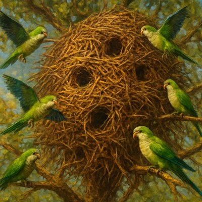 Oil Painting Art Style, a bustling scene featuring several vibrant Quaker Parrots (also known as Monk Parakeets) perched on and around their extraordinary communal nest. The nest is a massive, intricate structure built entirely from countless interwoven sticks and twigs, resembling a complex, multi-chambered apartment building for birds, integrated high within the sturdy branches of a large, leafy tree. Each visible entrance or chamber suggests multiple pairs of parrots coexisting. The Quaker Parrots themselves, with their distinctive green plumage, grey chests, and bright eyes, are actively flying to and from, bringing more sticks, or observing their bustling community. The setting is bright and lively, illuminated by clear, natural sunlight, casting detailed shadows and highlighting the texture of the sticks and feathers. Focus on the architectural complexity and scale of the stick nest, the industrious activity of the parrots, and the vibrant green and grey colors of the birds against the natural backdrop.