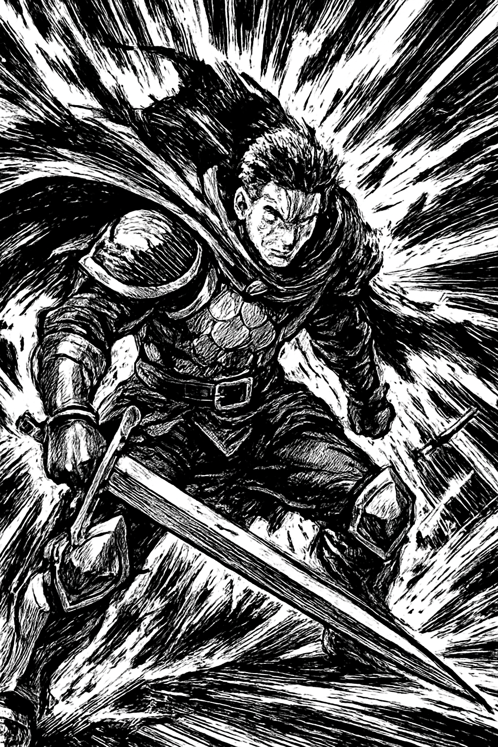 a black and white drawing of a man with a sword