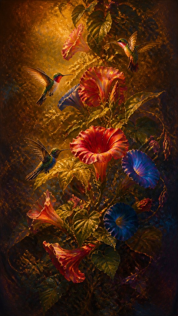 a climbing vine of flowers and hummingbirds on a dark background, tall wrapping composition, no text