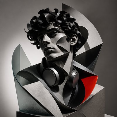 head-and-shoulders portrait of an original character: a young man with curly dark hair and headphones around his neck, plain backdrop, no text
