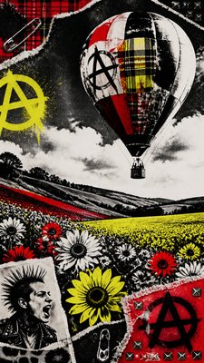 a hot air balloon drifting over rolling flower fields on a sunny day, cheerful, no text