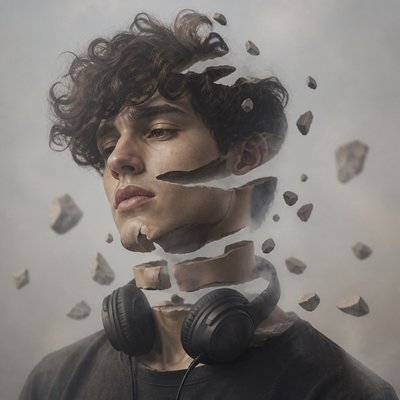 head-and-shoulders portrait of an original character: a young man with curly dark hair and headphones around his neck, plain backdrop, no text