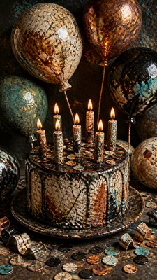 a birthday cake with lit candles surrounded by balloons and confetti, festive vertical composition, no text