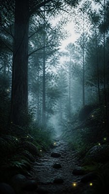 a mysterious forest path with fireflies and drifting mist, atmospheric vertical composition with open space at the top, no text