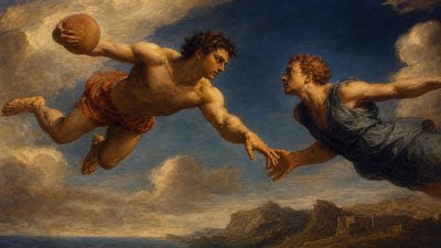 Michelangelo illustration for two athletes flying midair