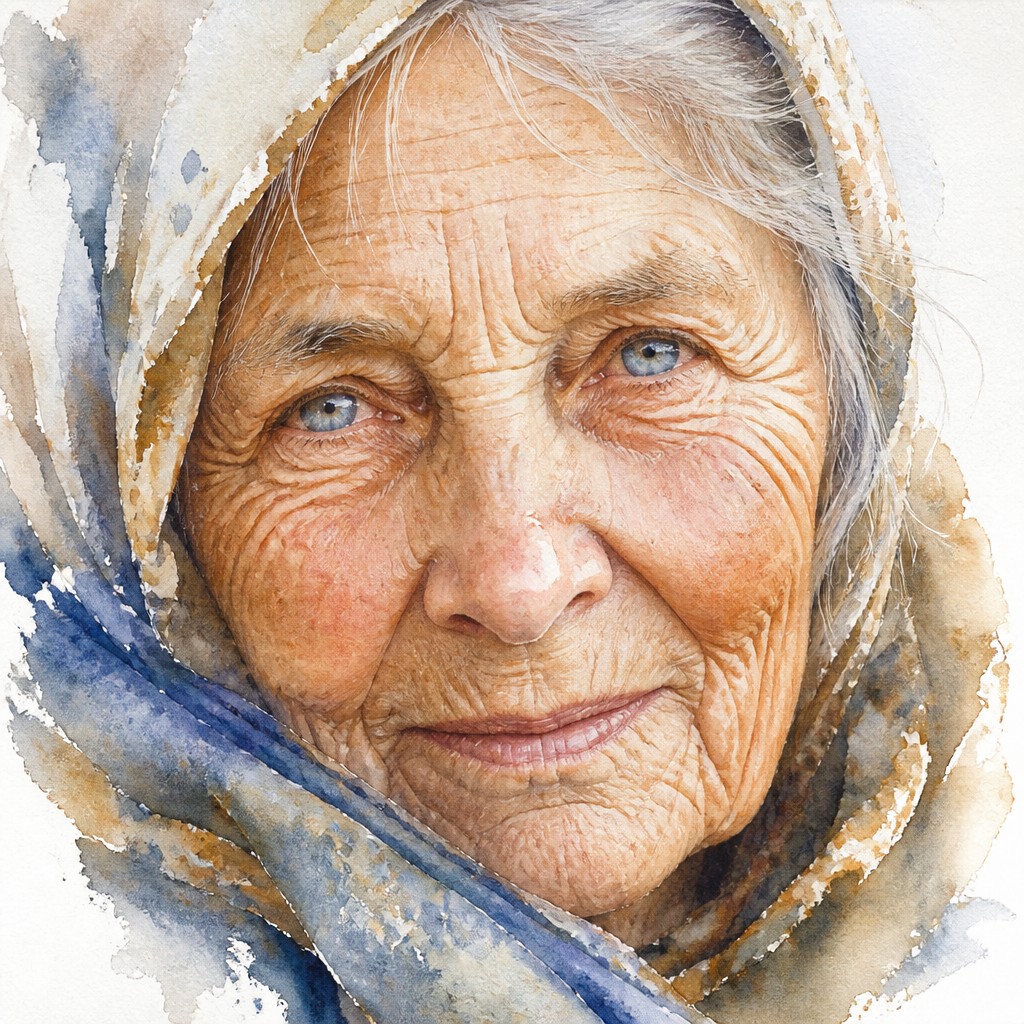 close-up portrait of an elderly person with expressive weathered features — Watercolor Painting Style