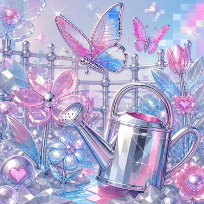a garden scene with butterflies, flowers and a watering can, clean uncolored line art, no text