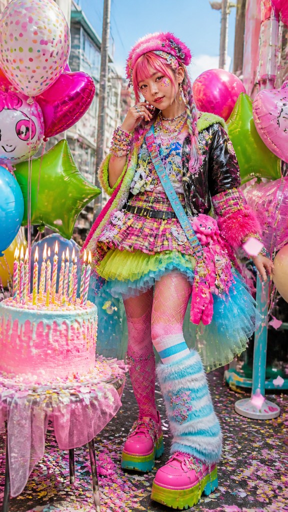 a birthday cake with lit candles surrounded by balloons and confetti, festive vertical composition, no text