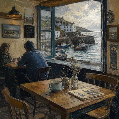 cozy cafe interior with warm lighting