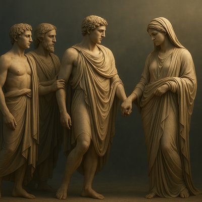 a group of statues of three men standing next to each other