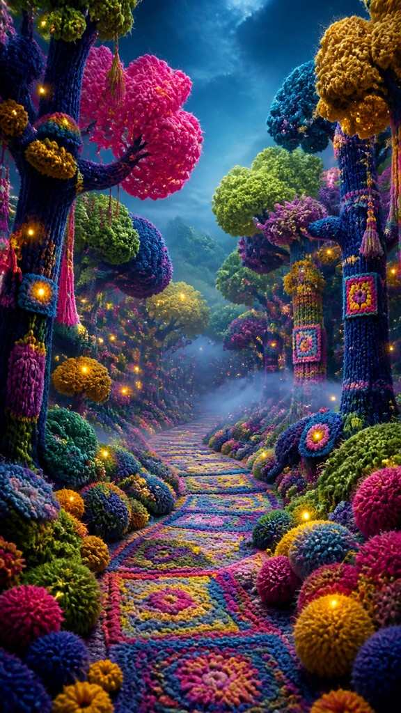 a mysterious forest path with fireflies and drifting mist, atmospheric vertical composition with open space at the top, no text