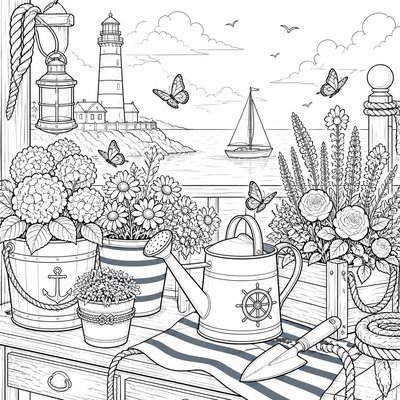 a garden scene with butterflies, flowers and a watering can, clean uncolored line art, no text