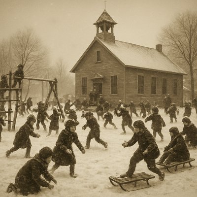 early 1900s American schoolhouse with snowy playground, dozens of children bundled in scarves and mittens, joyfully throwing snowballs, sliding down wooden sleds, climbing rustic playground equipment, nostalgic sepia-toned color overlay, archival photograph aesthetic, cinematic wide shot