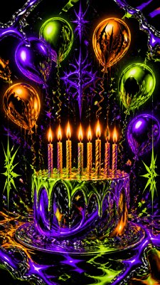 a birthday cake with lit candles surrounded by balloons and confetti, festive vertical composition, no text