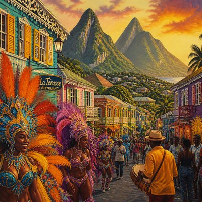 urban street with city activity — Saint Lucian Art Style