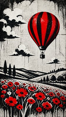 a hot air balloon drifting over rolling flower fields on a sunny day, cheerful, no text