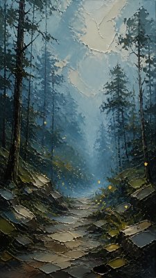 a mysterious forest path with fireflies and drifting mist, atmospheric vertical composition with open space at the top, no text