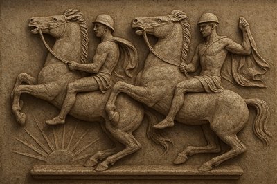 a carving of three men riding horses in front of a building