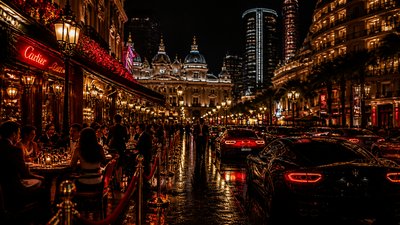 bustling city street panorama at dusk