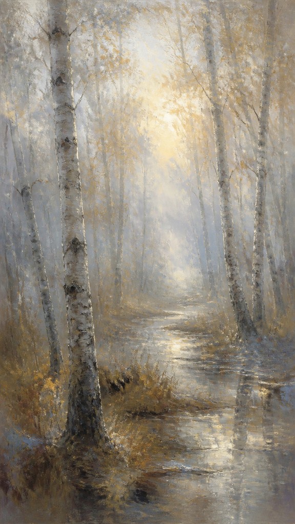 a serene birch forest in soft morning light, no people, no text