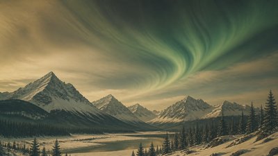 a flowing aurora over snowy peaks, wide sweeping composition, no people, no text