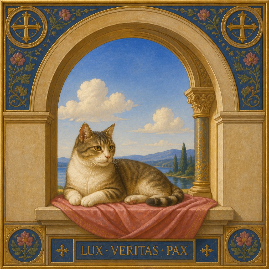 a cat lounging in a sunlit window — Nazarene Art Style