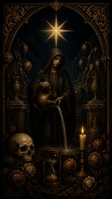 a robed figure pouring water beneath a large eight-pointed star in a night sky, symmetrical composition with an ornate decorative border, no text