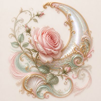 a rose entwined with a crescent moon, clean balanced composition on a plain background, no text