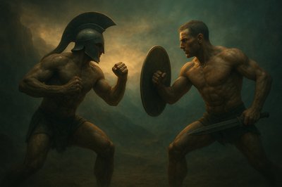 a painting of two men fighting each other
